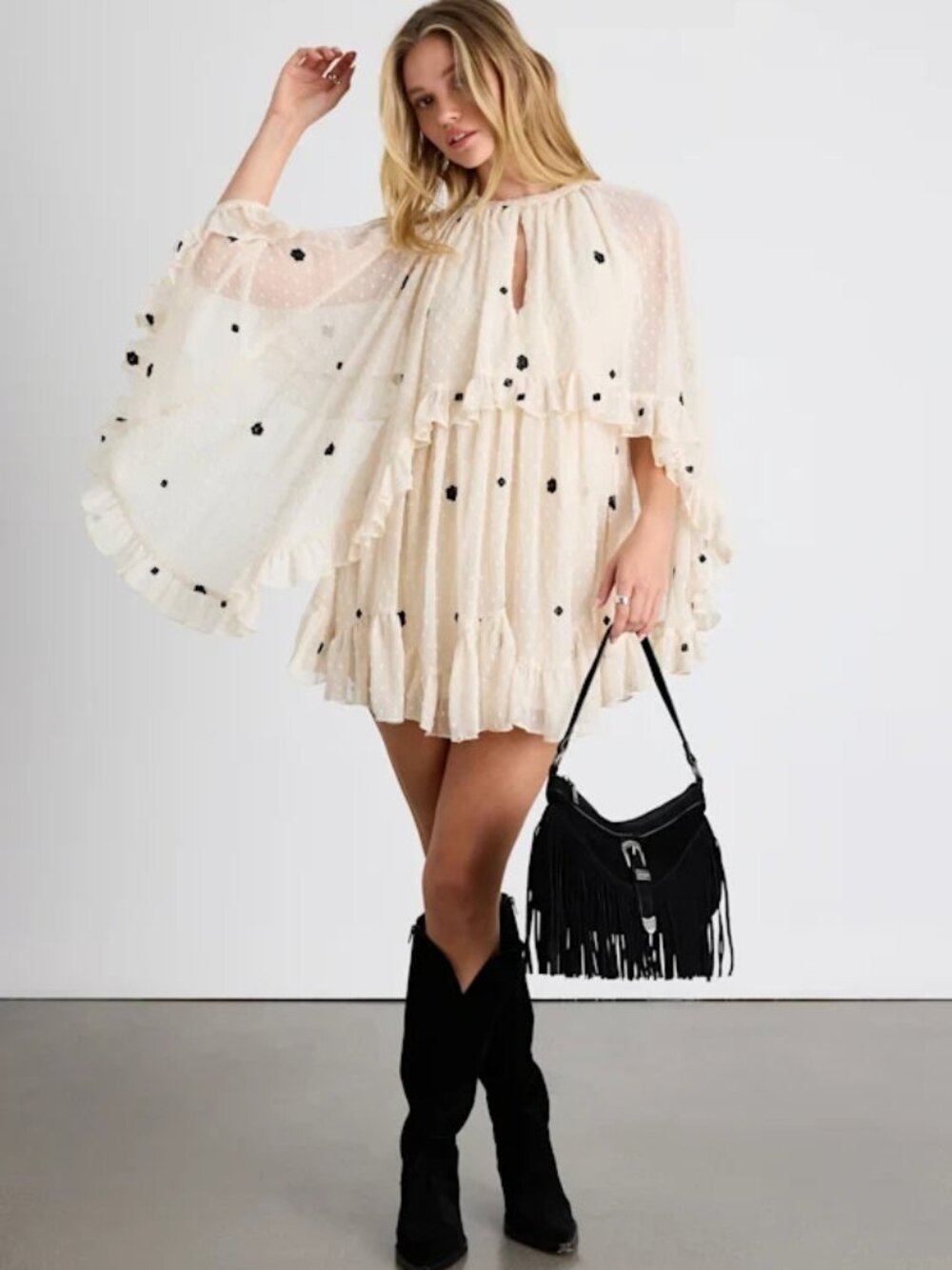 ASOS DESIGN embroidered textured cape dobby mini small black Boho Bell Sleeve